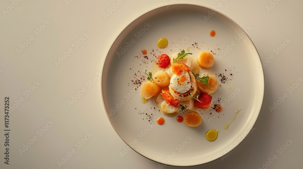 White table with gourmet dish on refined plate and taupe background White table with gourmet dish on refined plate and taupe background