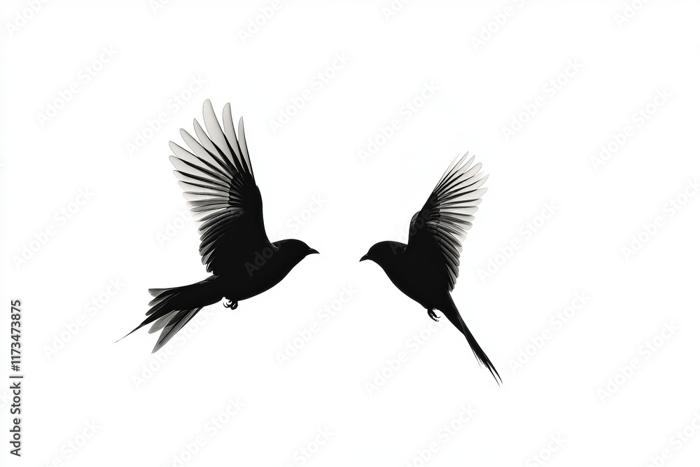 Obraz premium Silhouettes of Two Birds in Flight Against a White Background