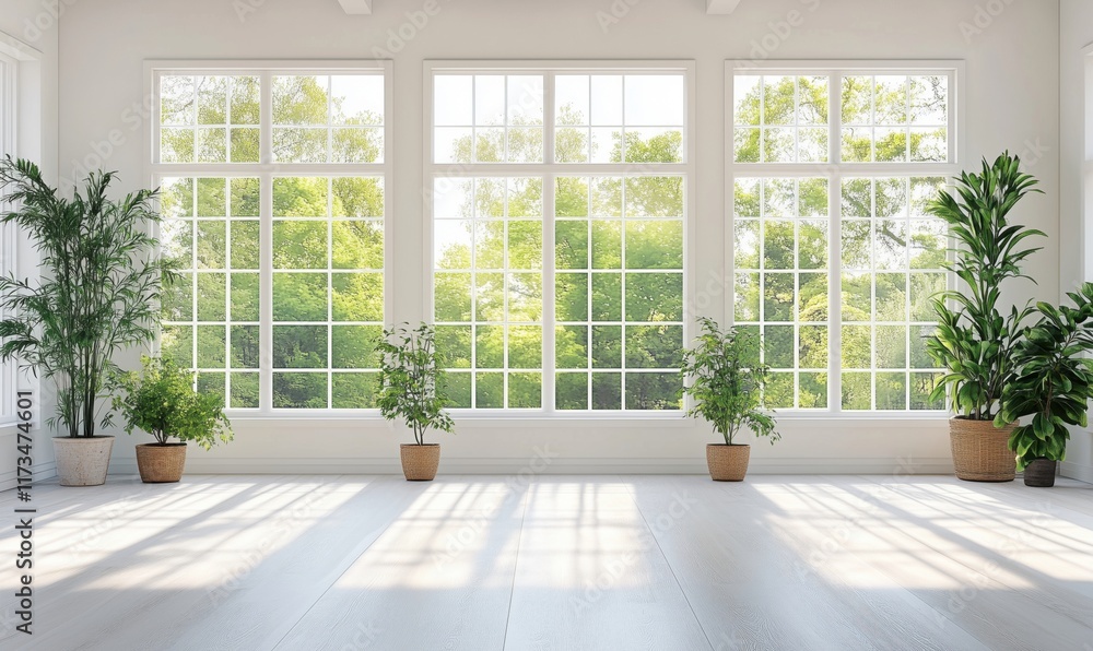 Bright, airy room with large windows showcasing lush greenery outside, adorned with potted plants for a fresh, natural ambiance Bright, airy room with large windows showcasing lush greenery outside, adorned with potted plants for a fresh, natural ambiance