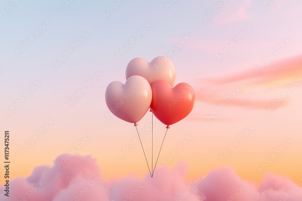 Heart-shaped balloons floating in pastel sky with soft clouds at sunset Heart-shaped balloons floating in pastel sky with soft clouds at sunset
