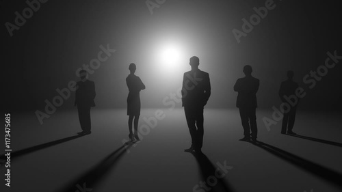 five black silhouettes on a black background, 3d animation