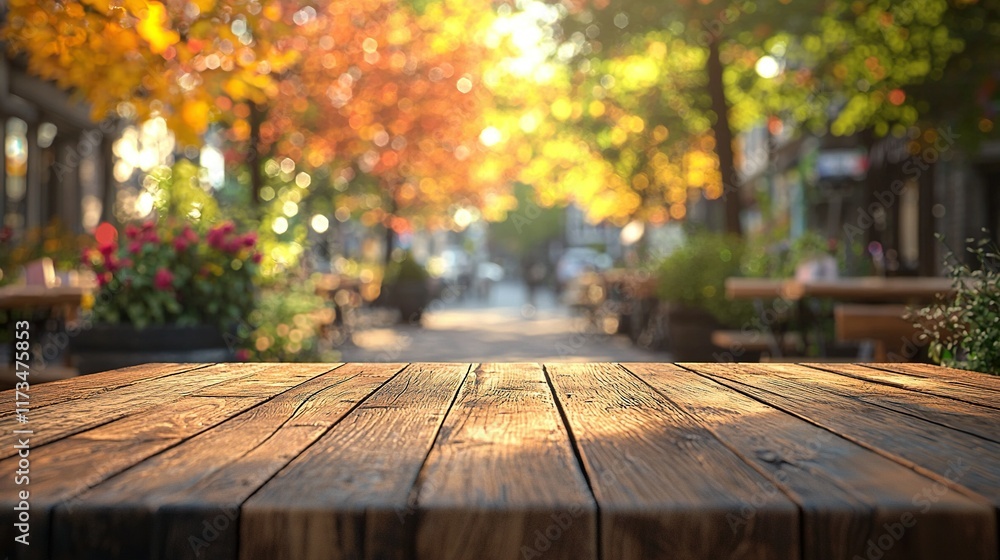 Empty wooden table in autumn city cafe, blurred street. Empty wooden table in autumn city cafe, blurred street.