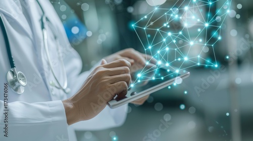Doctor with tablet and hologram. Concept of new technologies in medicine.