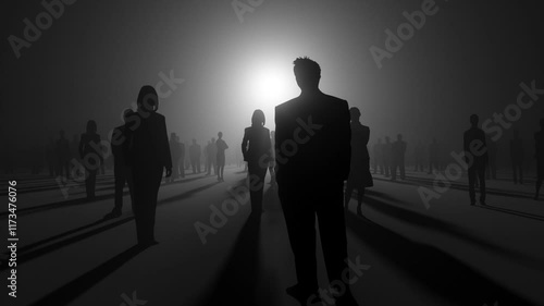 group of black silhouettes on black background, 3d animation