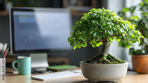 Thriving Bonsai Adds Serenity to Cozy Office Workspace   A well shaped miniature ornamental tree sits near a desktop monitor creating a peaceful and harmonious work environment photo