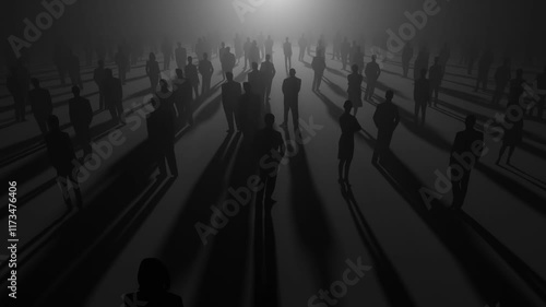 group of black silhouettes on black background, 3d animation