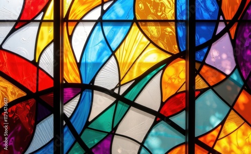 A vibrant abstract stained glass window, showcasing a kaleidoscope of colors and intricate patterns.