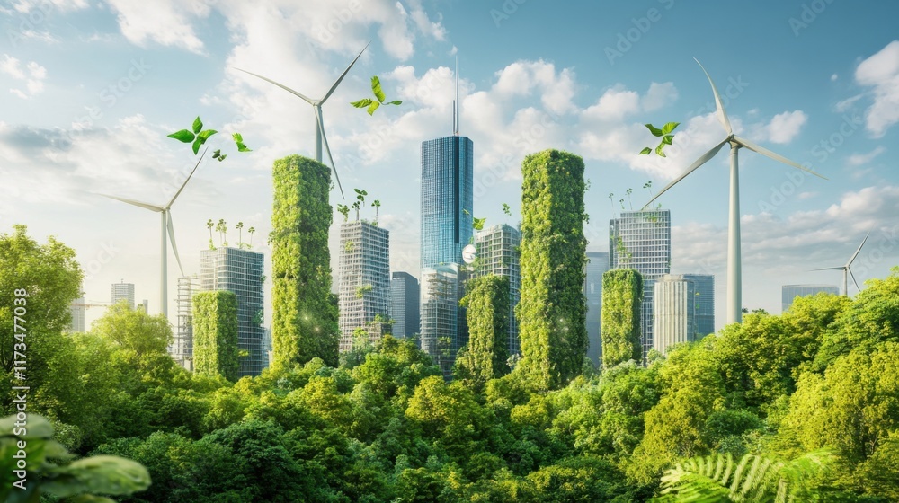 Fototapeta premium A futuristic city powered by renewable energy, with wind turbines, solar panels, and lush vertical gardens integrating nature and technology