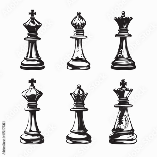 Chess pieces set vector image Minimal design chess pieces isolated on white background.