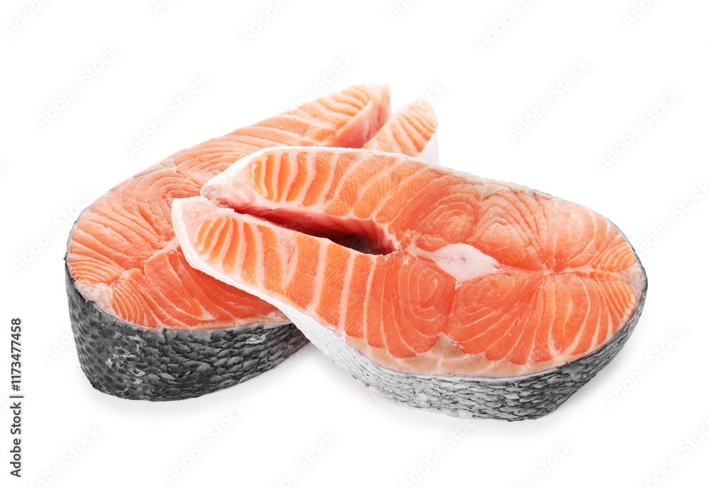 Steaks of fresh raw salmon isolated on white Steaks of fresh raw salmon isolated on white
