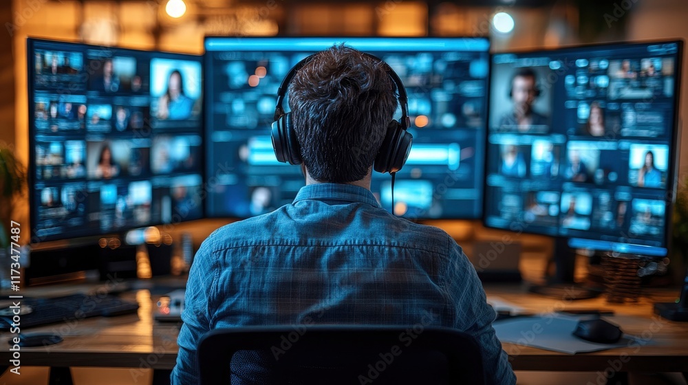 Virtual conference hub with multiple screens, technical staff monitoring Virtual conference hub with multiple screens, technical staff monitoring