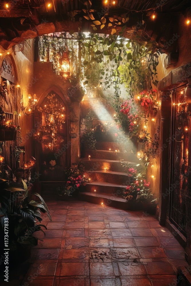 Obraz premium A staircase with a door in the middle. The door is open and there are flowers in the room