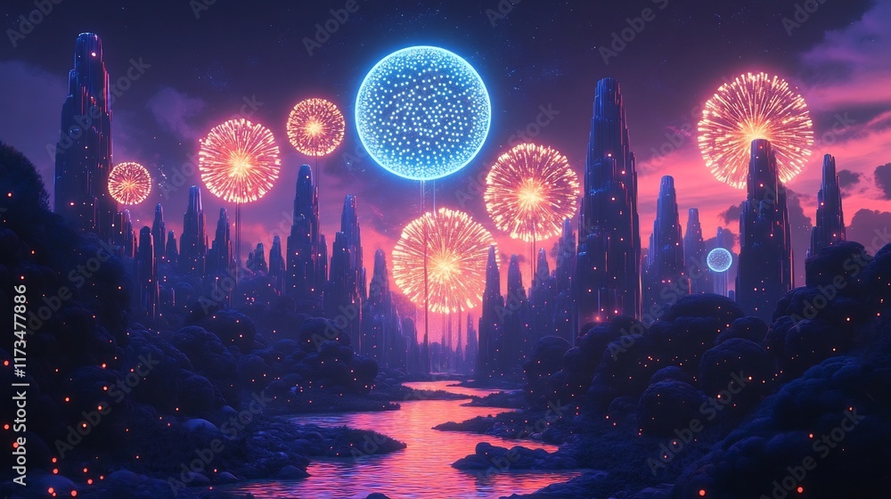 Futuristic Cityscape with Vibrant Fireworks Display in Starry Night Sky Futuristic Cityscape with Vibrant Fireworks Display in Starry Night Sky