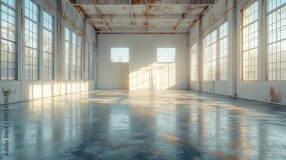 Sunlit empty industrial warehouse interior with polished concrete floor and large windows.