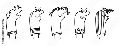 Funny sock dolls doodle hand drawn icon. Outline drawing theatrical characters. Home puppet theatre line clipart symbol. Socks with eyes and mouth 