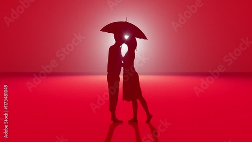 silhouettes of kissing people under an umbrella on a pink background, 3d animation