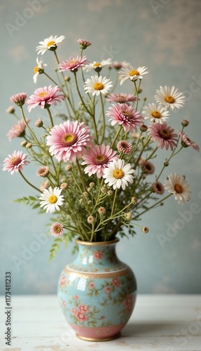 Wallpaper Mural Delicate bouquet of pink and white daisies in ornate vase against textured pastel background Torontodigital.ca