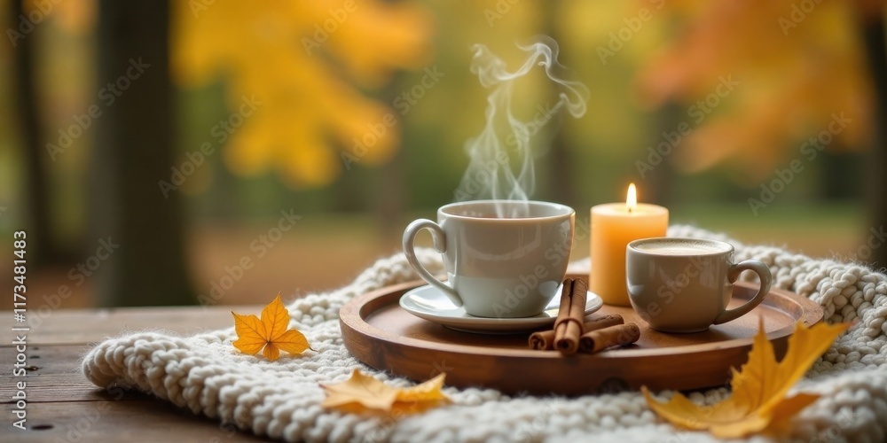 Fototapeta premium Cozy Autumn Afternoon Warm Drinks and Candlelight on a Knitted Blanket
