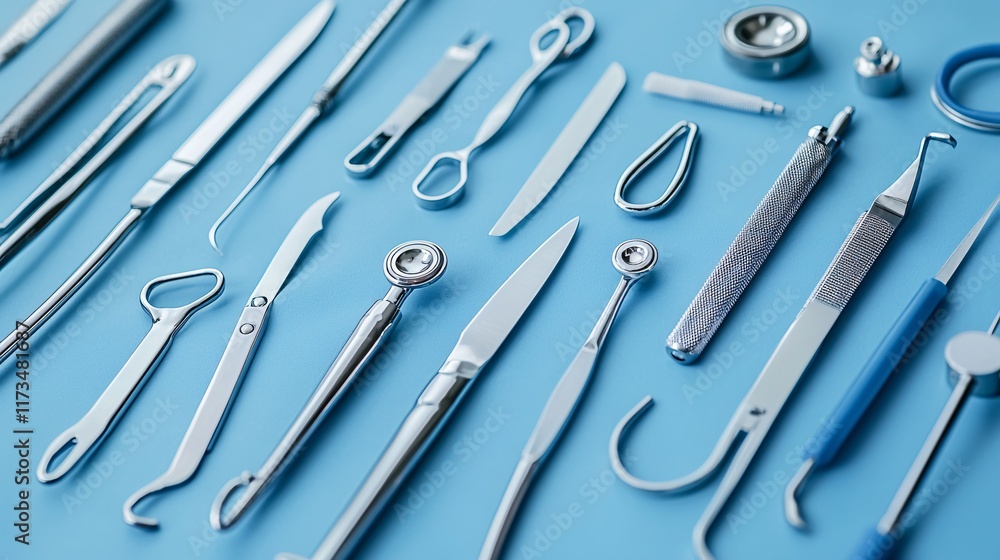 Surgical instruments displayed neatly on a sterile surgical table Stock Photo with side copy space Surgical instruments displayed neatly on a sterile surgical table Stock Photo with side copy space