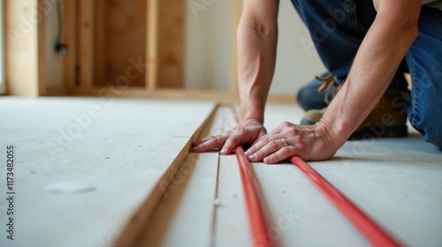 Close-up of hands installing radiant floor heating system during home construction
