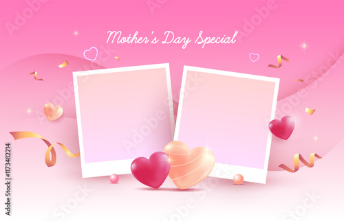 Mother’s Day Special Banner design with photo frame, love hearts, gold ribbon in pastel wavy pink background. Love concept vector template for valentines, mother’s day and wedding.