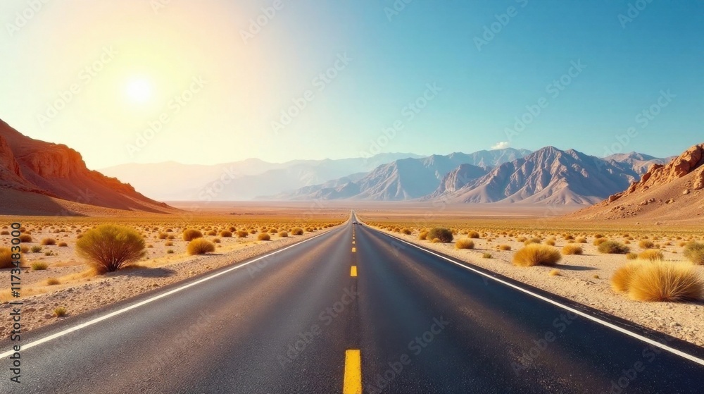 Asphalt ribbon winding through a sun-drenched desert landscape towards distant mountains Asphalt ribbon winding through a sun-drenched desert landscape towards distant mountains