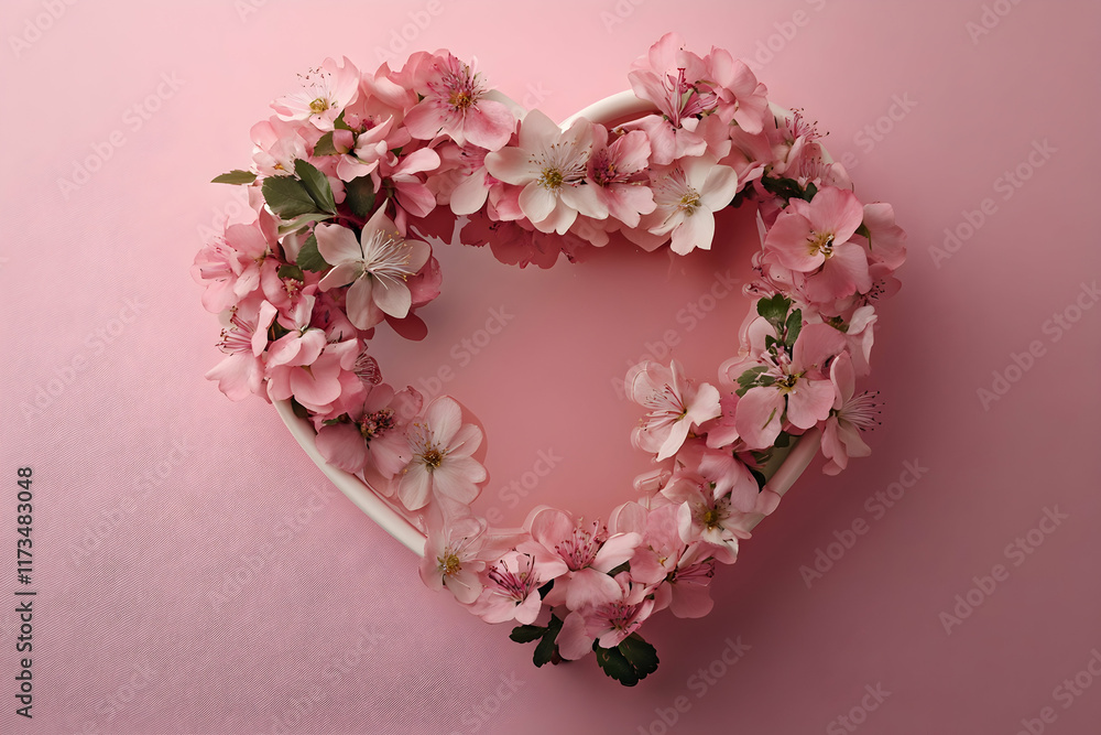 Obraz premium Pink heart-shaped frame with flowers on a pink background, a flat lay top view with copy space.