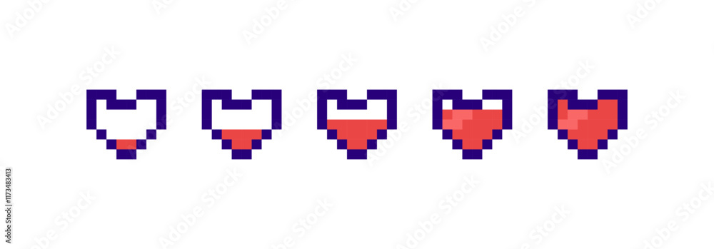 Set of game pixel hearts. Loading, waiting or installing process, life or health level. Fashionable modern 8 bit vector illustration for game, banner design. Set of game pixel hearts. Loading, waiting or installing process, life or health level. Fashionable modern 8 bit vector illustration for game, banner design.