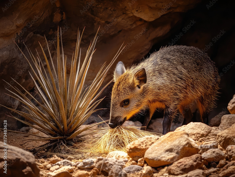 Naklejka premium Wild Texas Javelina Explores Rocky Terrain While Sniffing Around for Food in Its Natural Habitat
