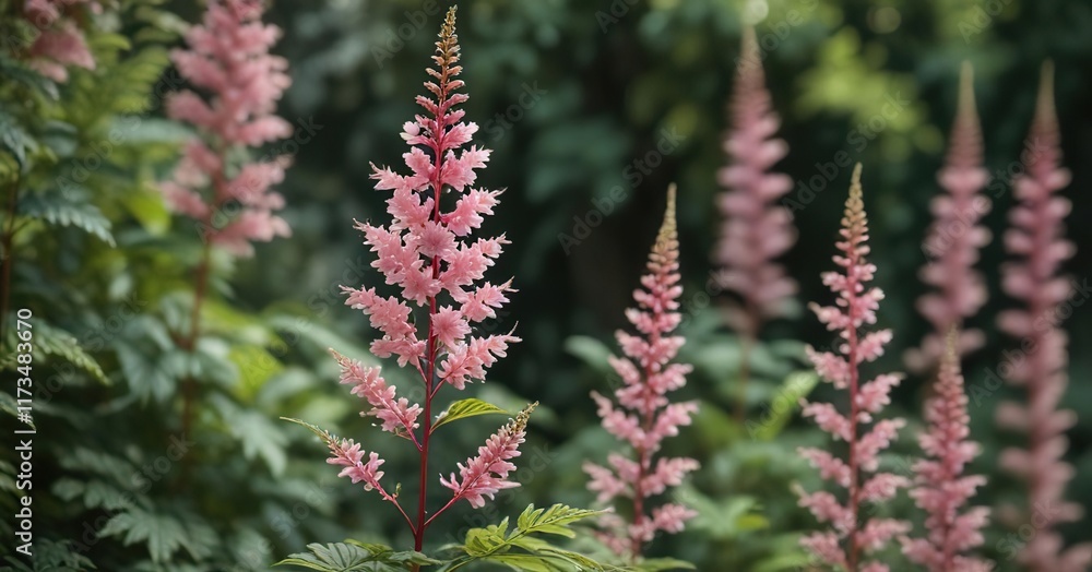 Shallow depth of field capturing the textured foliage and delicate pink astilbe flowers, delicate flowers, flower details Shallow depth of field capturing the textured foliage and delicate pink astilbe flowers, delicate flowers, flower details