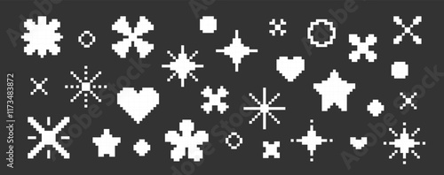 Set of pixelated design elements stars, hearts, flowers, circles. Various shapes with raster pixelization effect. Retro shapes game design, vector 8-bit illustration
