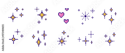 Set of pixel sparkling stars and hearts. Shiny stars, 8bit shapes for Y2K design, retro shapes. Vector illustration