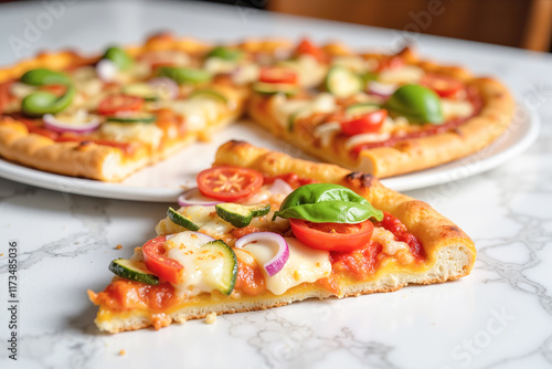 Vibrant vegetarian pizza slice on marble countertop, culinary delight. Greeting card, banner or holiday poster for Pizza Day promotion