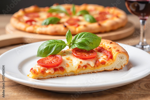 Garnished Margherita pizza slice with red wine in background, culinary delight. Greeting card, banner or holiday poster for Pizza Day promotion