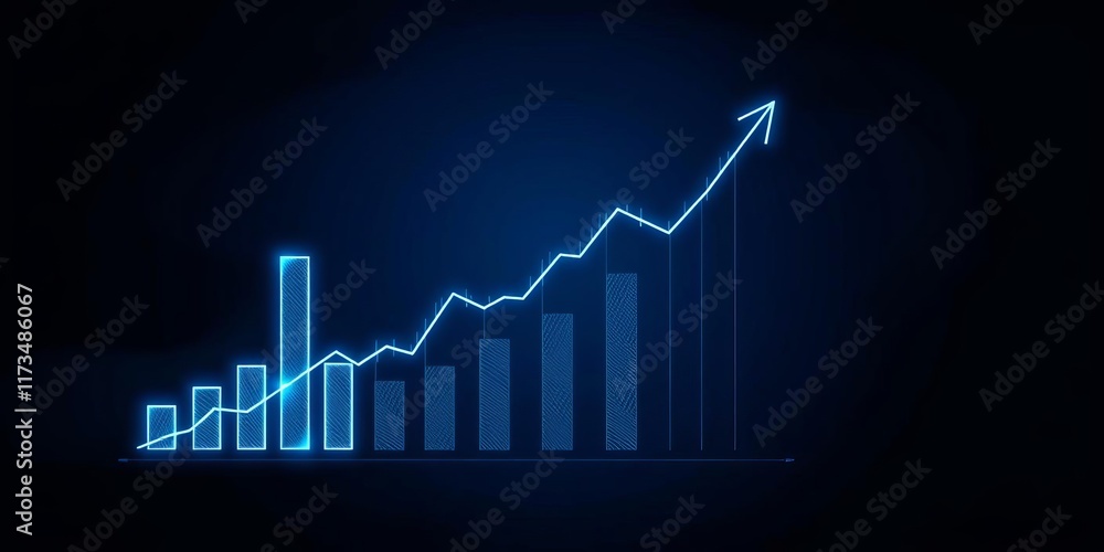 Virtual hologram stock bar chart being drawn by businessman on dark blue background, concept, technology Virtual hologram stock bar chart being drawn by businessman on dark blue background, concept, technology