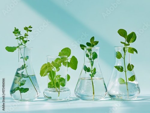 Minimalistic botanical arrangement of fresh green leaves in transparent glass containers on a white table with a soft blurred background.