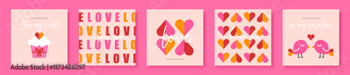 Set of greeting cards for Valentines Day. Simple flat style with geometric elements. Collection of vector cards with hearts, birds, cupcake and romantic inscriptions.