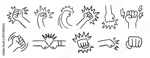  fist and fight related doodle hand drawn icon set. Outline drawing fist and fight related line clipart symbol collection