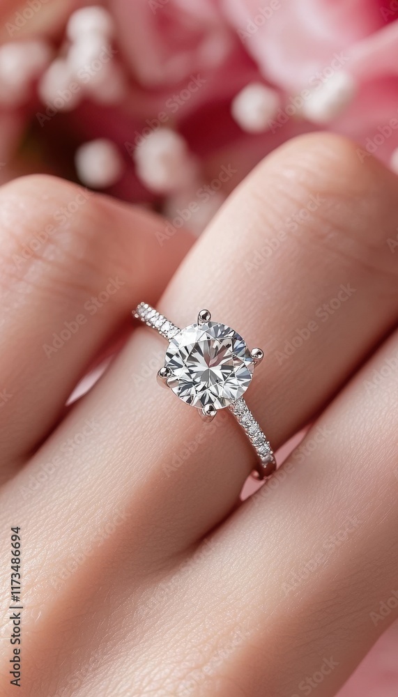 Close-up of a sparkling diamond ring on a finger, delicate and elegant. Close-up of a sparkling diamond ring on a finger, delicate and elegant.