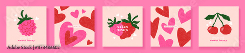 Set of greeting cards for Valentines Day. Simple flat style, modern trendy design. Collection of vector cards with hearts, strawberries, cherries, raspberries and romantic inscriptions.