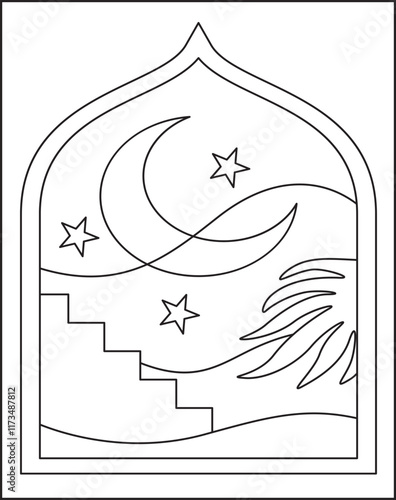 High-Quality Stained Glass Moon Vector.Coloring Page For Kids.