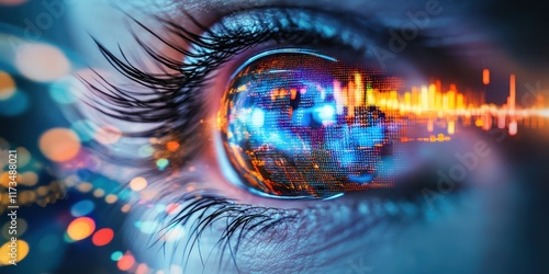 A creative abstract design of an eye reflecting vibrant stock market graphs, illustrating the analytical focus of a financial expert