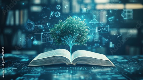 Glowing tree growing from open book, digital icons around.