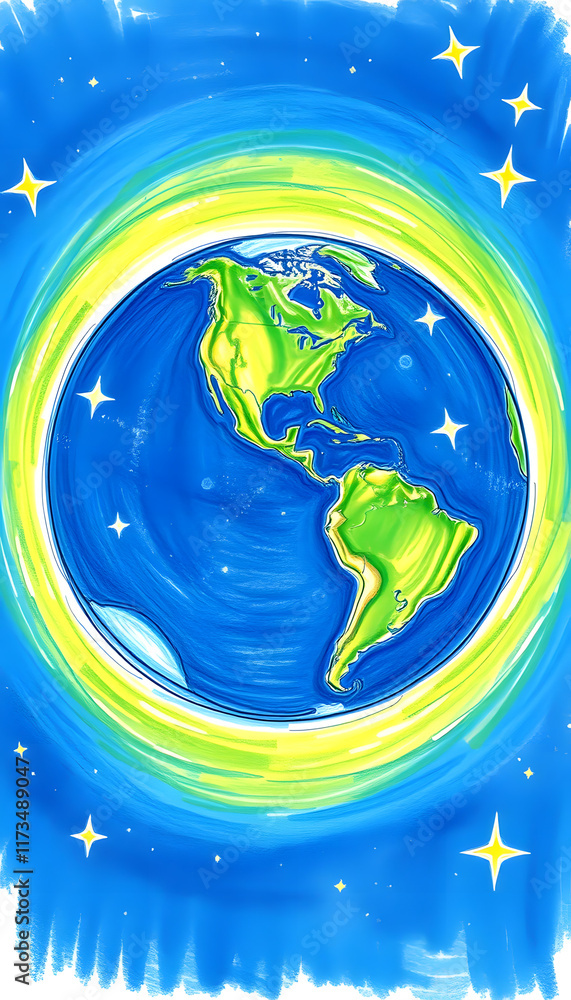 Naklejka premium Planet Earth with city lights in space with stars, crayon drawing, with white tones