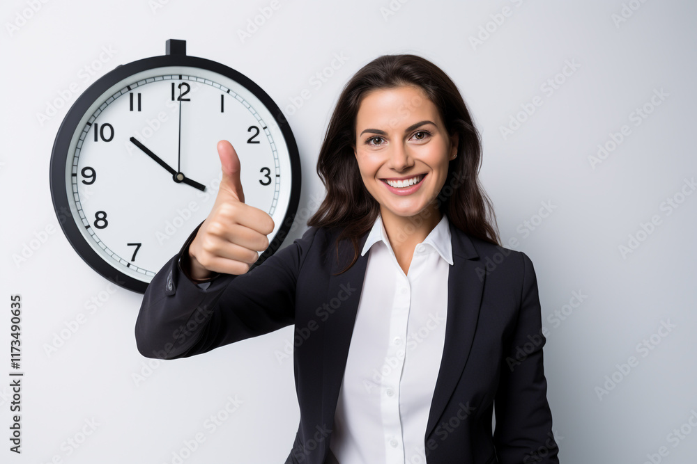 Businesswoman Showing Thumbs Up with Office Wall Clock: Time Management and Success Businesswoman Showing Thumbs Up with Office Wall Clock: Time Management and Success