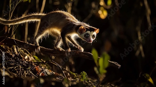 Night Jungle Loris Leaping Branch. photo