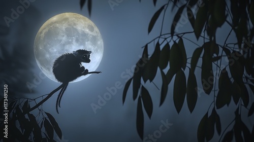 Night monkey moonlit branch jungle silhouette. photo