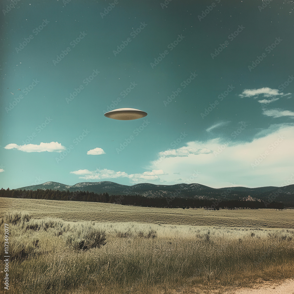 Obraz premium Realistic UFO Hovering Over Serene Landscape