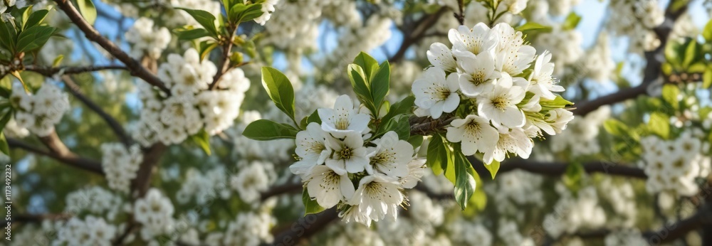 Young pear tree in bloom with delicate white blossom, orchard in springtime, spring flora, garden beauty Young pear tree in bloom with delicate white blossom, orchard in springtime, spring flora, garden beauty