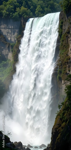 Breathtaking Waterfall Cascading Down a Rocky Cliff with Lush Greenery and a Shimmering Rainbow

